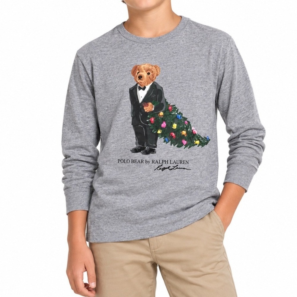 Polo Ralph Lauren T-Shirt Boys L Gray Polo Bear Holiday Christmas Long Sleeve